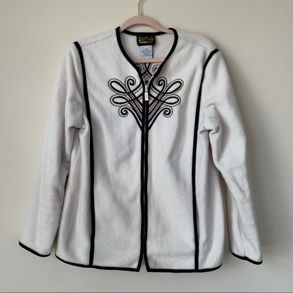 Bob Mackie Wearble Art Fleece Zip Up Jacket Size Medium Ivory Black Gold